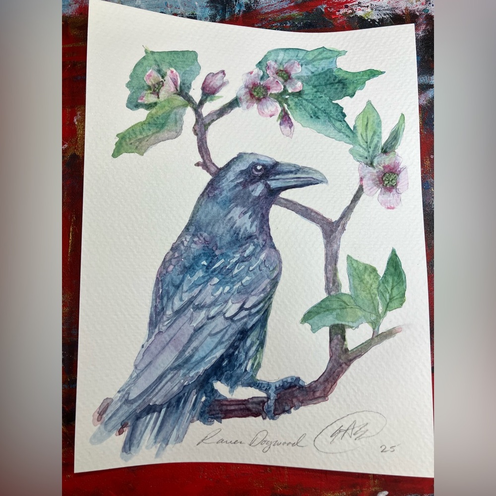 Raven Original painting dogwood floral art watercolor bird blossoms Artettina - Picture 3 of 6